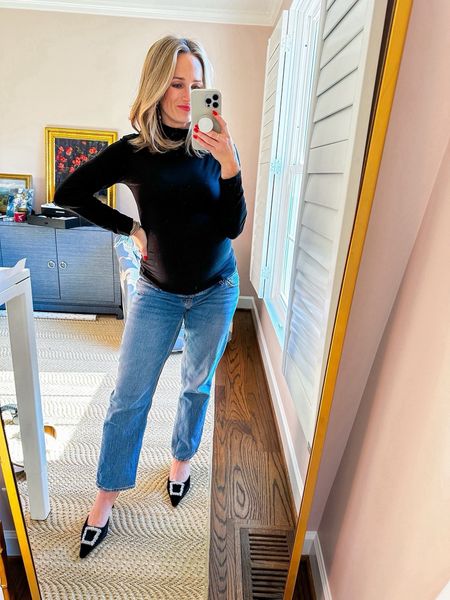 The jeweled heels make a simple outfit festive! Abercrombie makes my favorite maternity jeans and I ordered my usual pre-pregnancy size

#LTKshoecrush#LTKbump#LTKSeasonal
