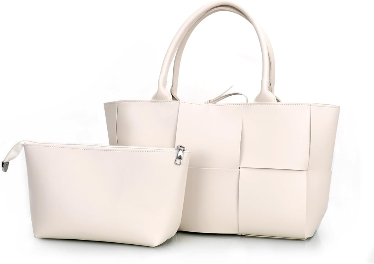Women Leather Woven Shoulder Bag,Ladies Top Handle Satchel Tote Work Bag with Matching Clutch… | Amazon (US)