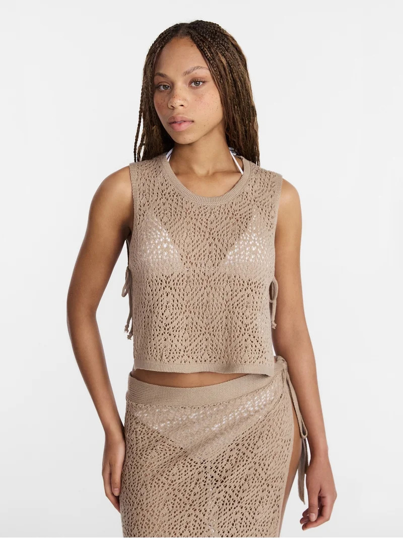 No Boundaries Cropped Crochet Knit Poncho with Side Ties, Women's | Walmart (US)