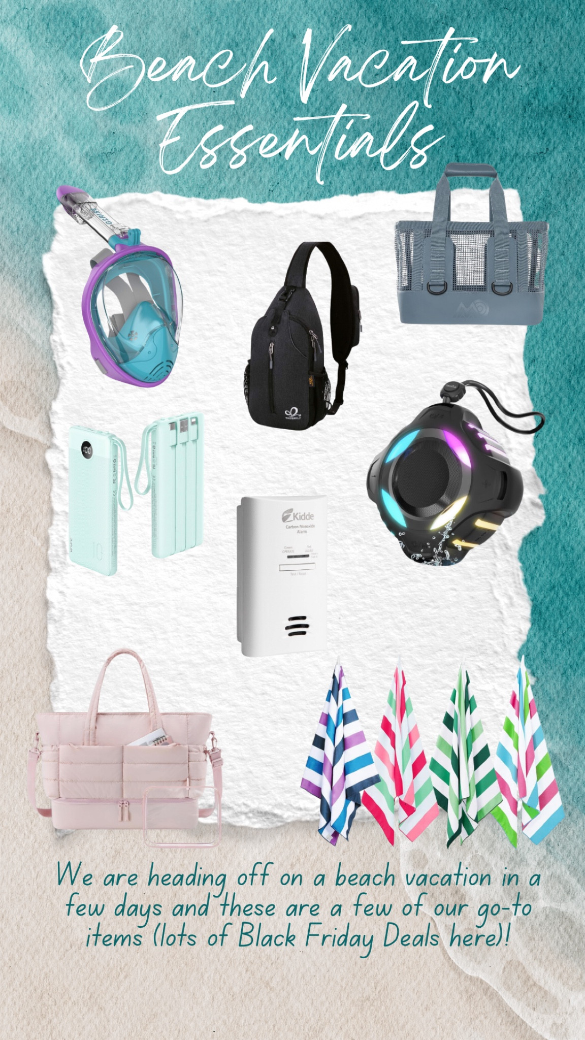 Beach vacation travel must haves! These are essential travel items when we head to the beach! The blue tooth speaker is waterproof and sand proof! The towels roll up super small and are sand proof! A co2 detector is a must in airbnbs and the snorkeling mask is perfect for kids! Keep everything charged and packed with my favorite totes and charger. 

#LTKActive #LTKTravel #LTKCyberWeek