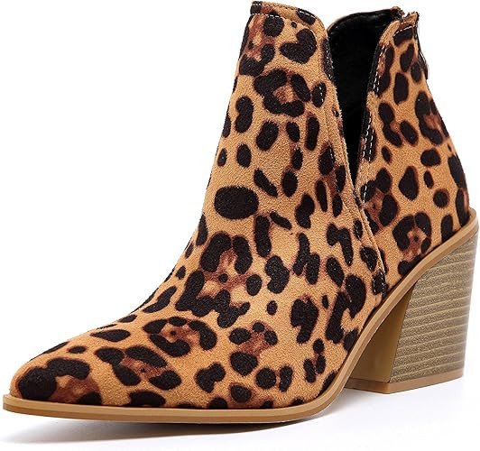 Womens Ankle Boots Slip on Cutout Pointed Toe Suede Chunky Stacked Mid Heel Booties | Amazon (US)