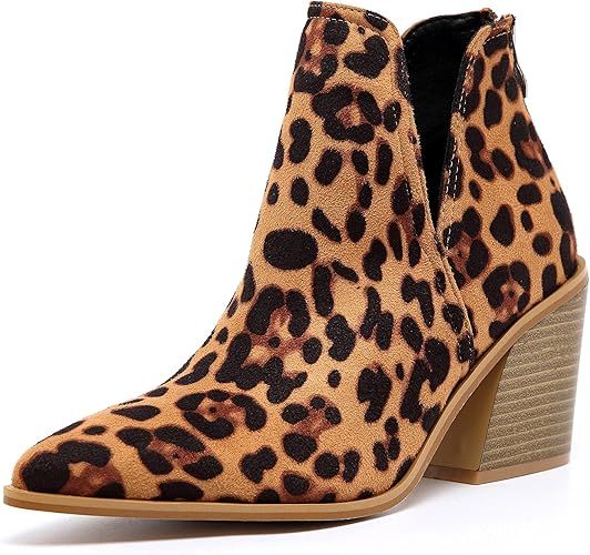 Womens Ankle Boots Slip on Cutout Pointed Toe Suede Chunky Stacked Mid Heel Booties | Amazon (US)