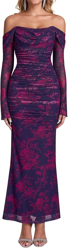 KUTUMAI Off Shoulder Long Sleeve Maxi Dress Corset Bodycon Ruched Cocktail Formal Wedding Guest D... | Amazon (US)