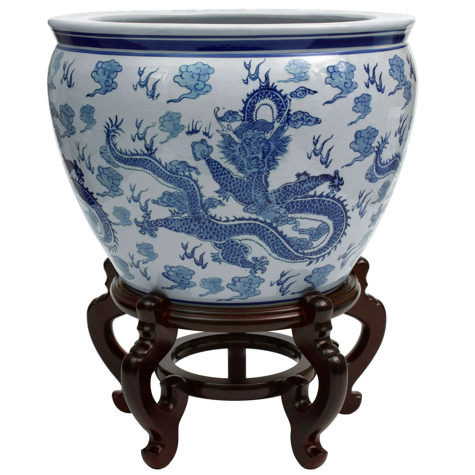 Oriental Furniture 1 6" Dragon Blue & White Porcelain Fishbowl | Walmart (US)