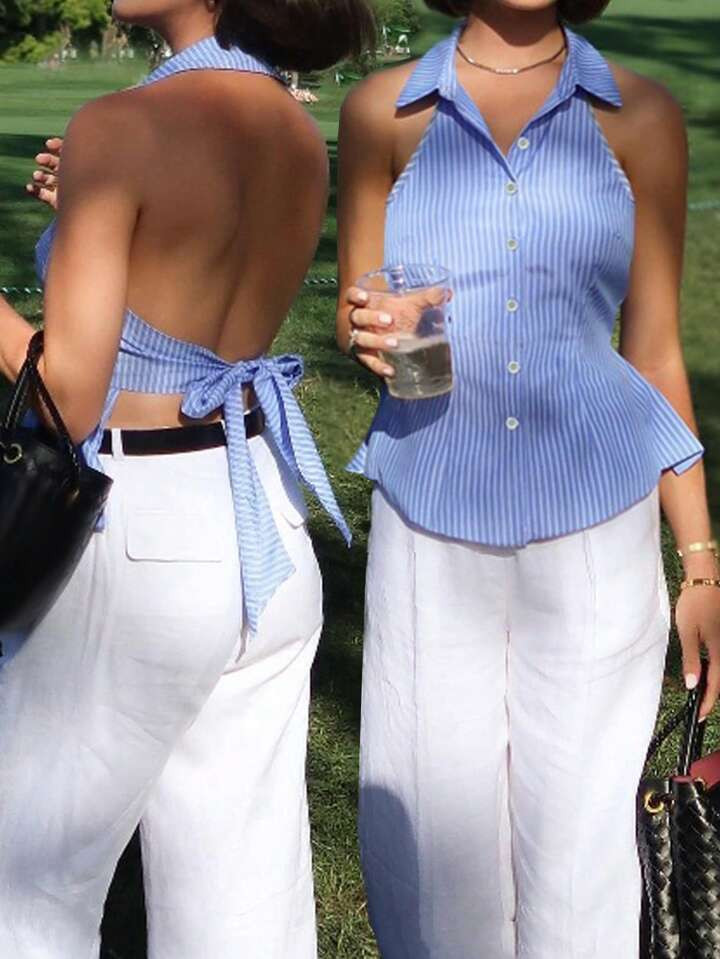 SHEIN ChicEase Women's Summer Sexy Striped Sleeveless Backless Halter Neck Top With Tie Women Shi... | SHEIN