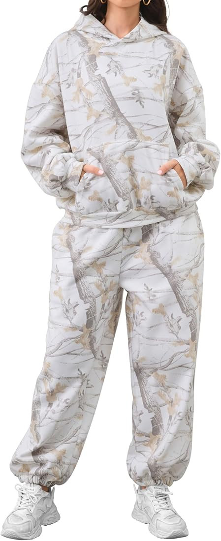 Camo Sweatsuits for Women Set 2 Piece Camo Hoodies Maple Leaf Print Oversized Sweatshirt Lounge S... | Amazon (US)