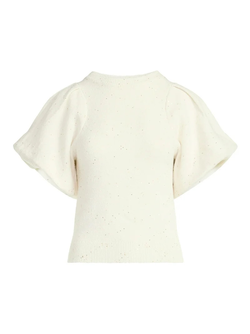 Scoop Women's and Women's Plus Sequin Sweater Top with Puff Sleeves, Lightweight, Sizes XS-4X | Walmart (US)