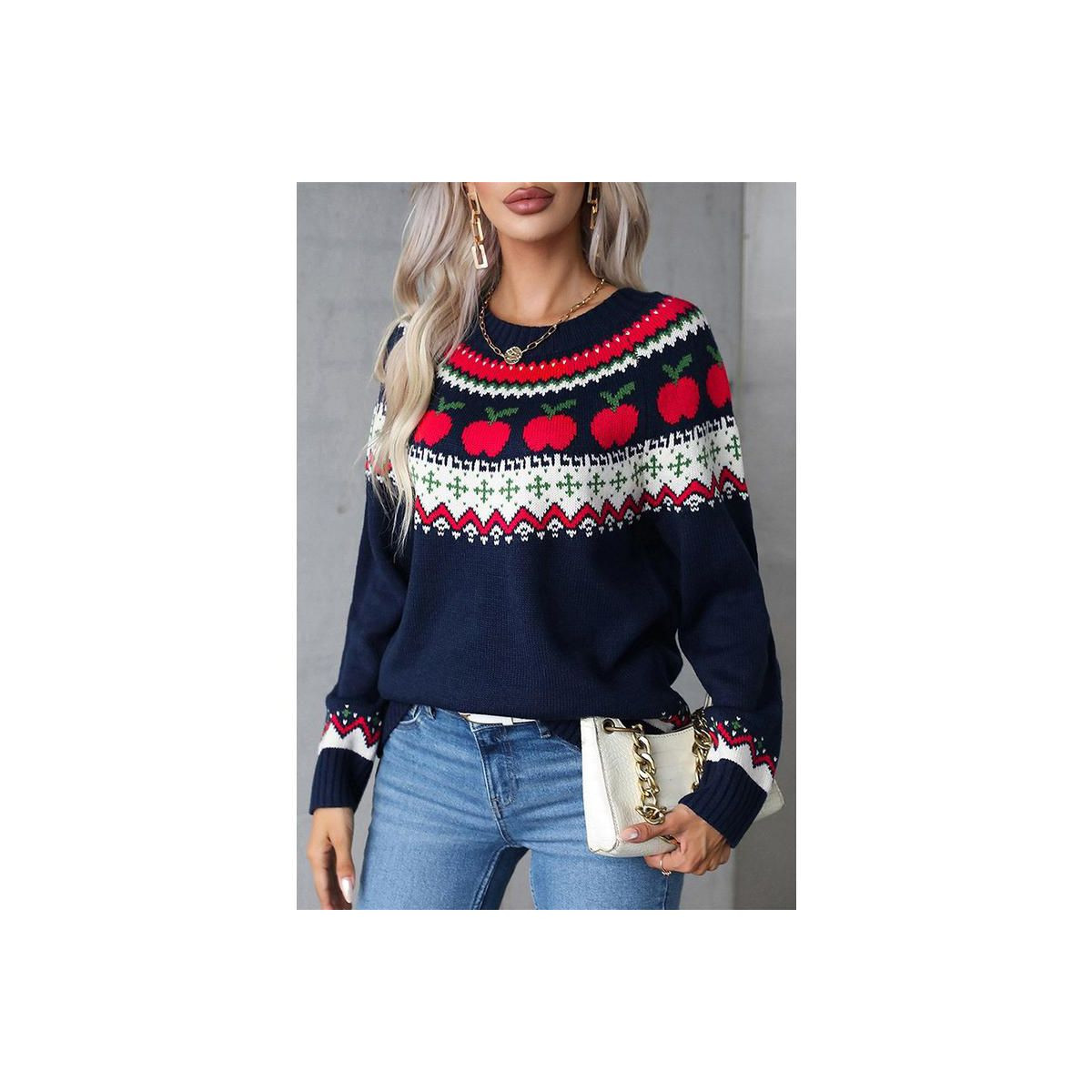 YESFASHION Womens Apple Patterned Sweater Crewneck Long Sleeve Casual Christmas Thanksgiving Fashion Pullover Sweaters S Navy Blue | Target