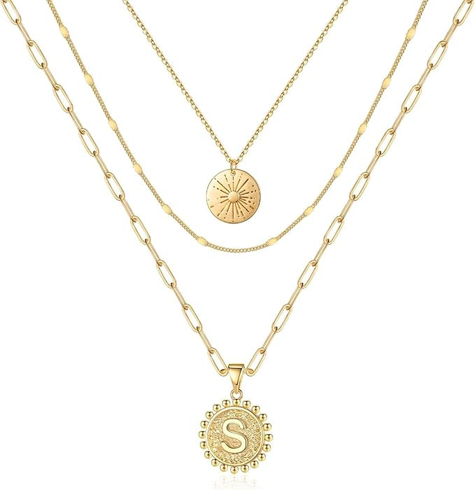 Gold Layered Initial Necklaces for Women, Dainty 14k Gold Plated Handmade Coin Initial Necklace L... | Amazon (US)