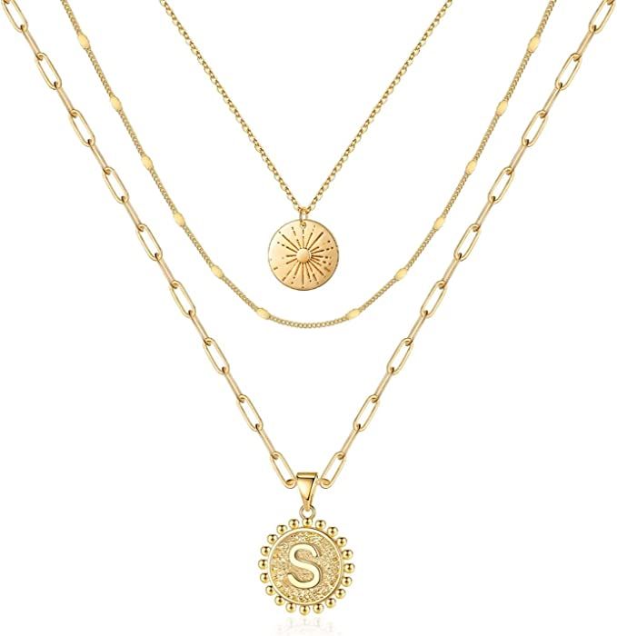 Gold Layered Initial Necklaces for Women, Dainty 14k Gold Plated Handmade Coin Initial Necklace L... | Amazon (US)