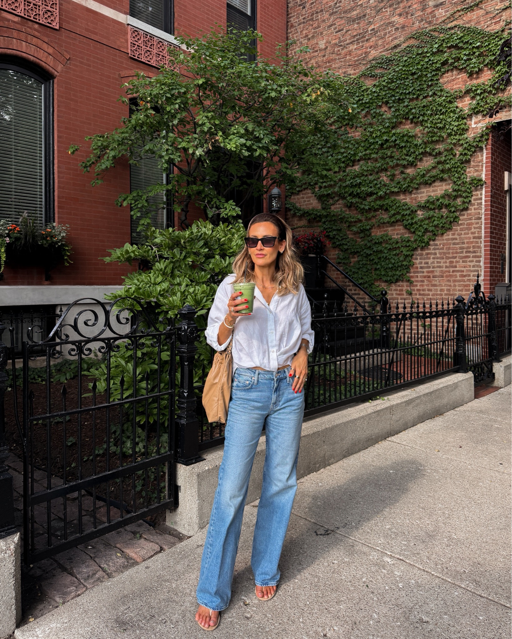 Matcha run and shopping outfit! NSale jeans and linen shirt both fit tts and these suede sandals are the comfiest kitten heels I own, been walking on them all day long!

#LTKSaleAlert #LTKSeasonal #LTKOver40
