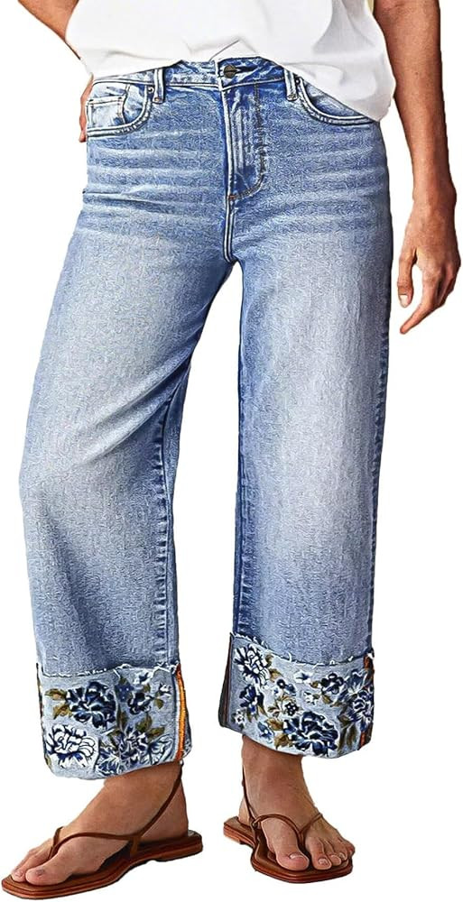 Flamingals High Waisted Straight Leg Cuffed Jeans for Women Trendy Floral Embroidery Roll Hem Bag... | Amazon (US)