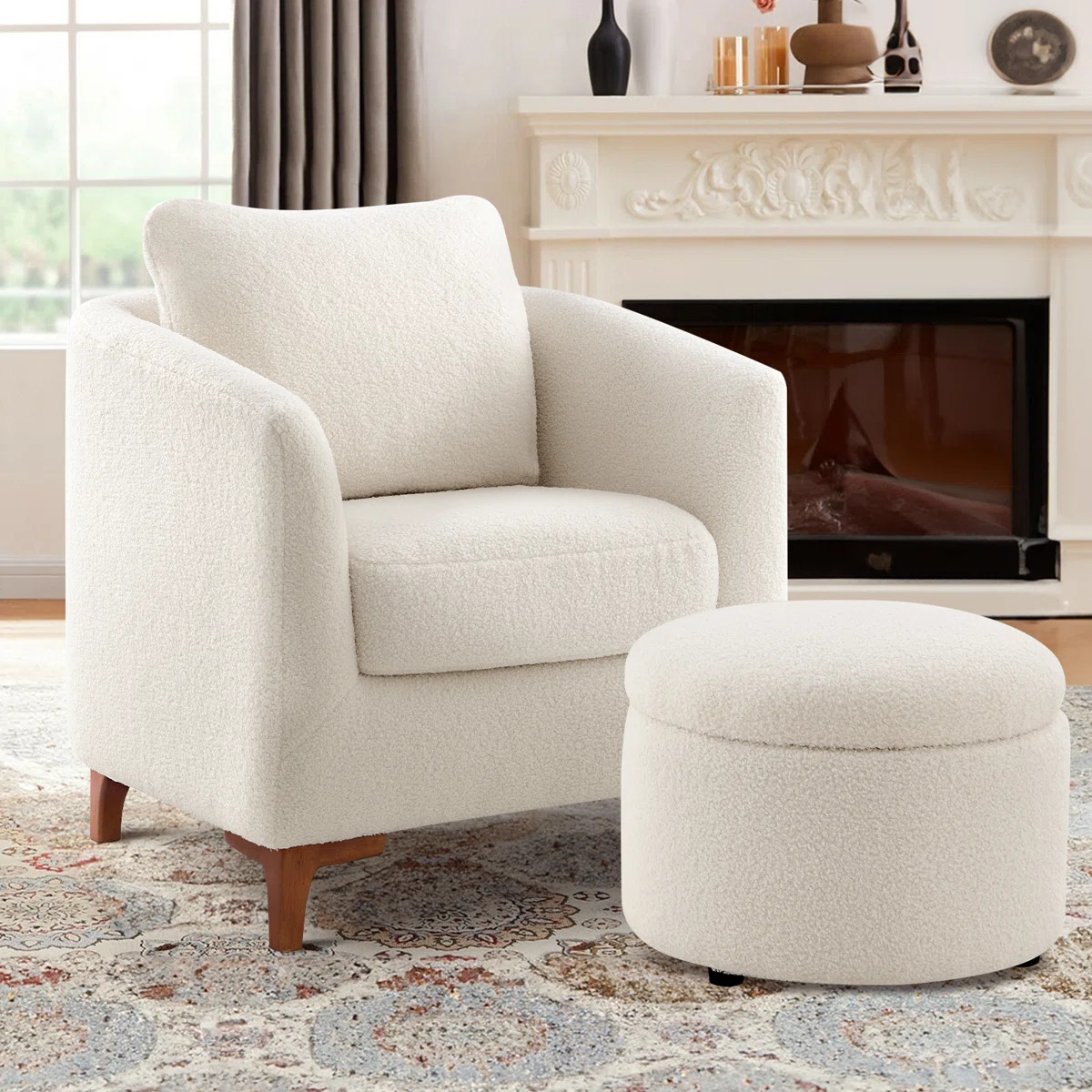 29.5" Wide Upholstered Barrel Accent Armchair With Storage Ottoman and Pillow | Wayfair North America