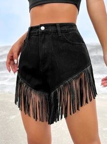 SHEIN ICON Fringe Trim Denim Shorts SKU: sw2212153373212021(4 Reviews)$17.99$17.09Join for an Exc... | SHEIN