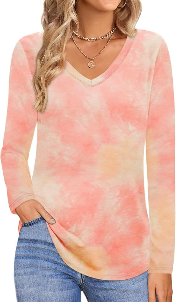 Elesomo Womens Tie Dye Shirts V Neck Cotton Long Sleeve Tshirts Tees Tops | Amazon (US)