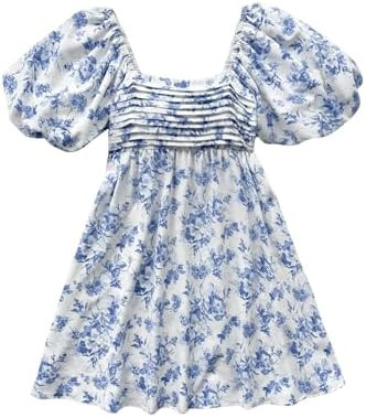 Floerns Women's Floral Dress Puff Sleeve Dress Square Neck Summer Vacation Picnic Mini Dresses | Amazon (US)