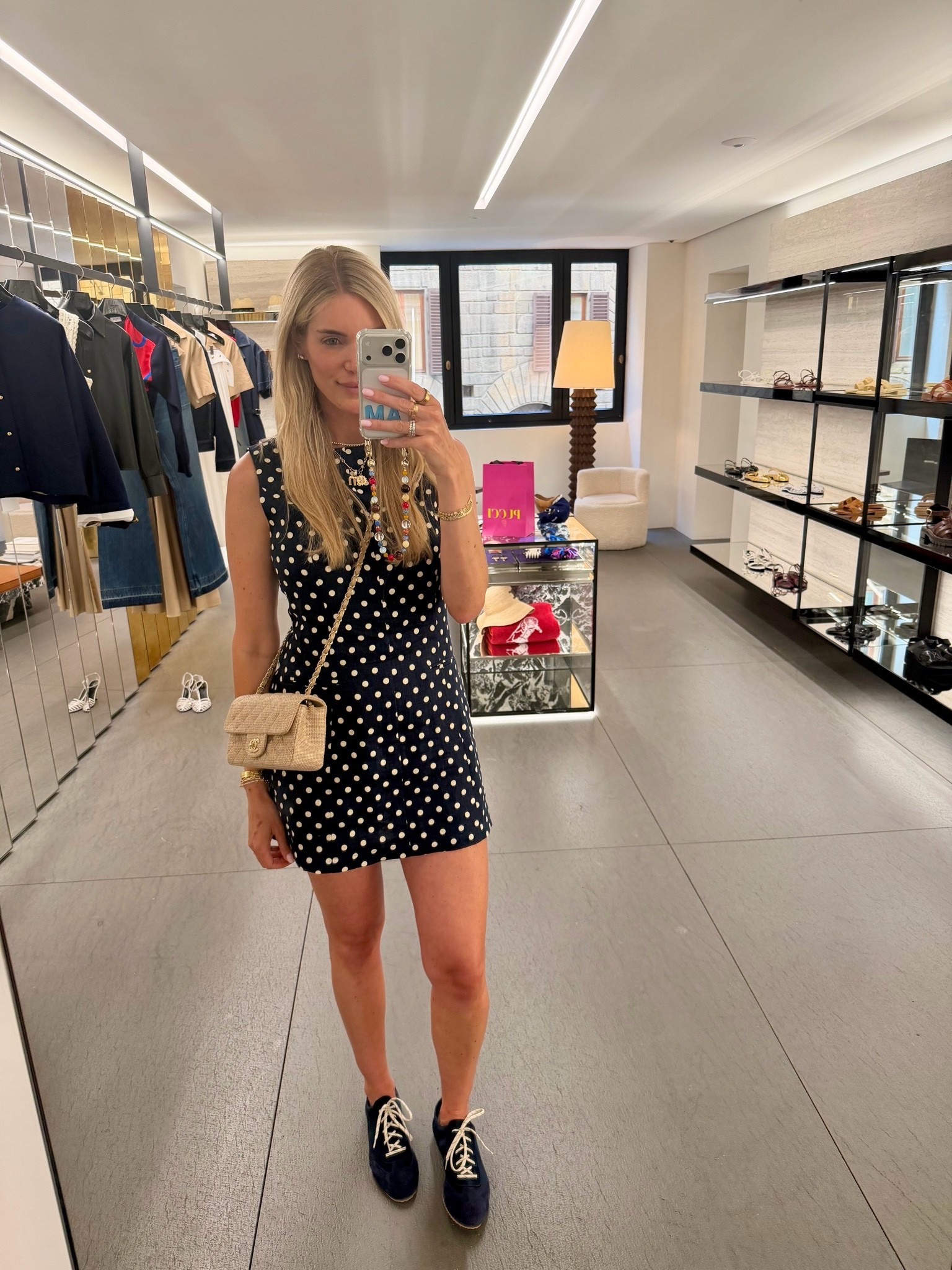 Polka Dot Linen Dress & suede sneakers