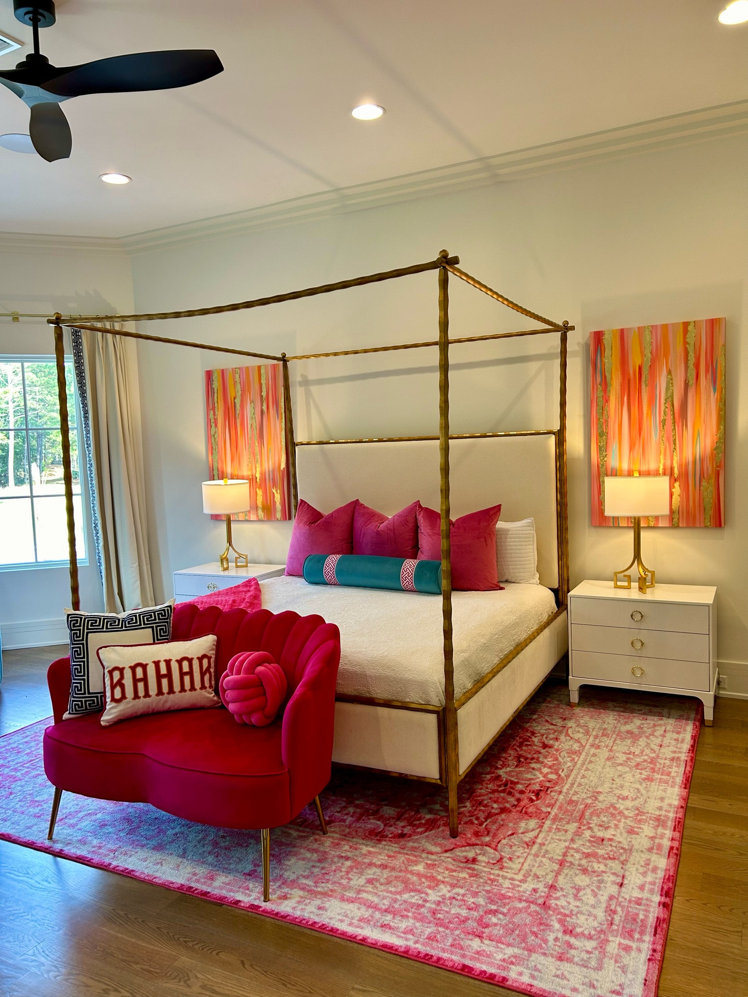 💕WOW, WHAT A TRANSFORMATION!!! 👏🏻 
Bahar had a lovely bed, but was in need of some fabulous COLOR and decor!! We flanked each side of the bed with our gold embellished canvas prints “Golden Hour”, added a pretty rug, pillows, curtains, lamps, and our “Sacred Heart” print!🥰
It all came together so beautifully & sweet Bahar absolutely LOVED it!!! 
⭐️GREAT NEWS!  Every single item in her room is linked to shop on my LTK page @mkdeckerdesigns & and you can find the gorgeous artwork on Mkdeckerdesigns.com
🌸Get inspired today on your making your spaces even more beautiful!!!