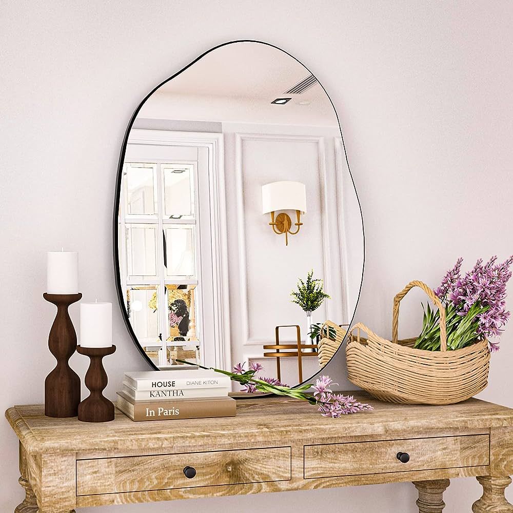HARRITPURE Irregular Wall Mirror 22"x32" Black Asymmetrical Bathroom Mirror Wood Framed Modern De... | Amazon (US)
