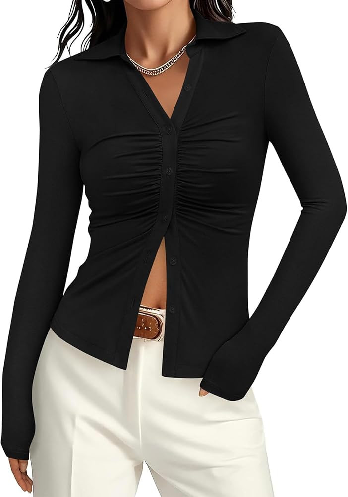 PRETTYGARDEN Womens Button Down Shirts V Neck Collared Ruched Slim Fit Long Sleeve Shirt Casual F... | Amazon (US)
