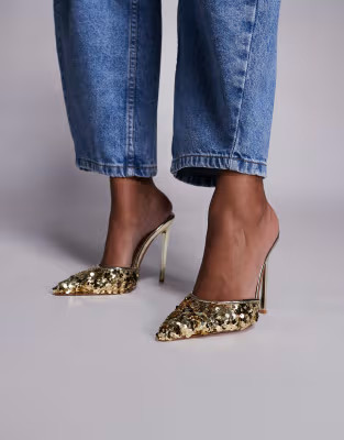 Simmi London Agathia sequin heeled mules in gold | ASOS (Global)