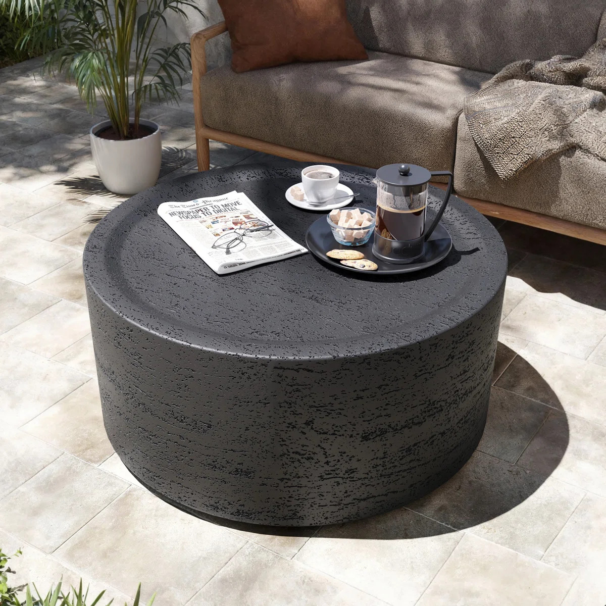 28'' Magnesium Oxide Outdoor Coffee Table with Natural Stone Textured Surface, Round, Dark Gray | Wayfair North America