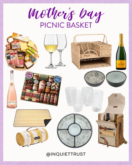 Treat your Mom, Aunt, or Mother-In-Law this coming Mother's Day with this picnic basket idea: elegant glasses, charcuterie board, pink champagne, and more!
#giftidea #affordablefinds #kitchenmusthave #partyessential

#LTKGiftGuide #LTKhome #LTKparties
