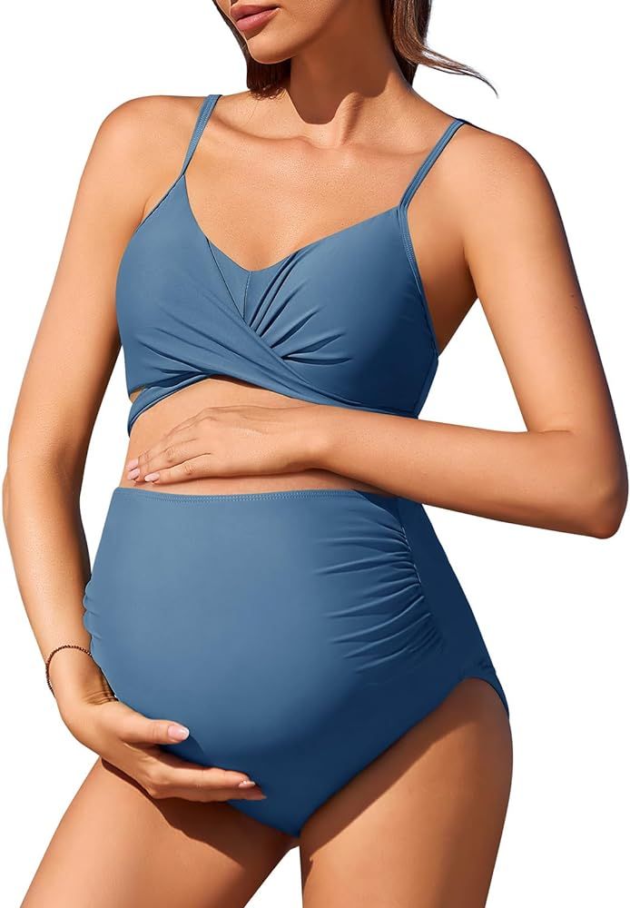 Summer Mae Maternity Criss Cross Bikini Swimsuits High Waist String Floral Bathing Suit Two Piece... | Amazon (US)