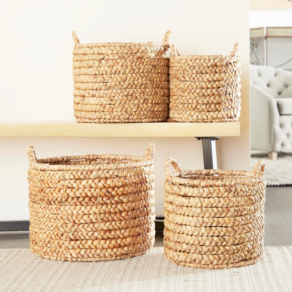 LITTON LANE Round Water Hyacinth and Metal Storage Wicker Baskets (Set of 4), Brown | The Home Depot