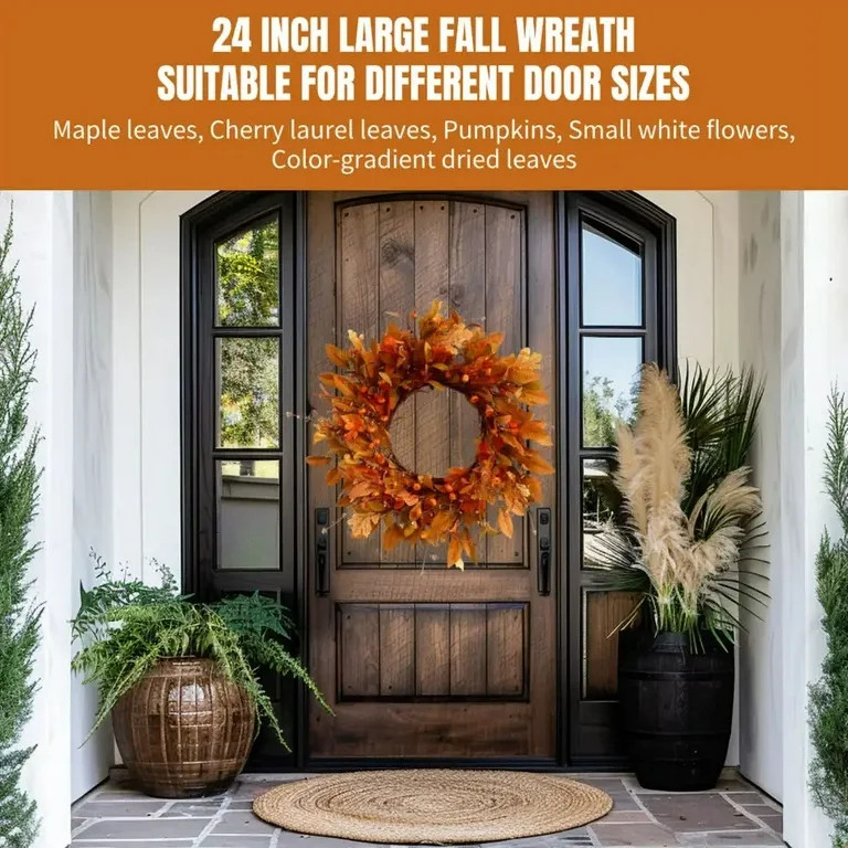 Fall Wreath Pumpkin Wreath for Front Door with Maple Leaves Harvest Wreath for Door Window Porch ... | Walmart (US)