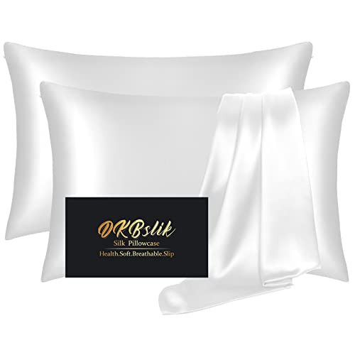 Silk Pillow Cases 2 Pack, Mulberry Silk Pillowcases Standard Set of 2, Health, Smooth, Anti Acne, Beauty Sleep, Both Sides Natural Silk Satin Pillow Cases for Women 2 Pack with Zipper for Gift,White | Amazon (US)