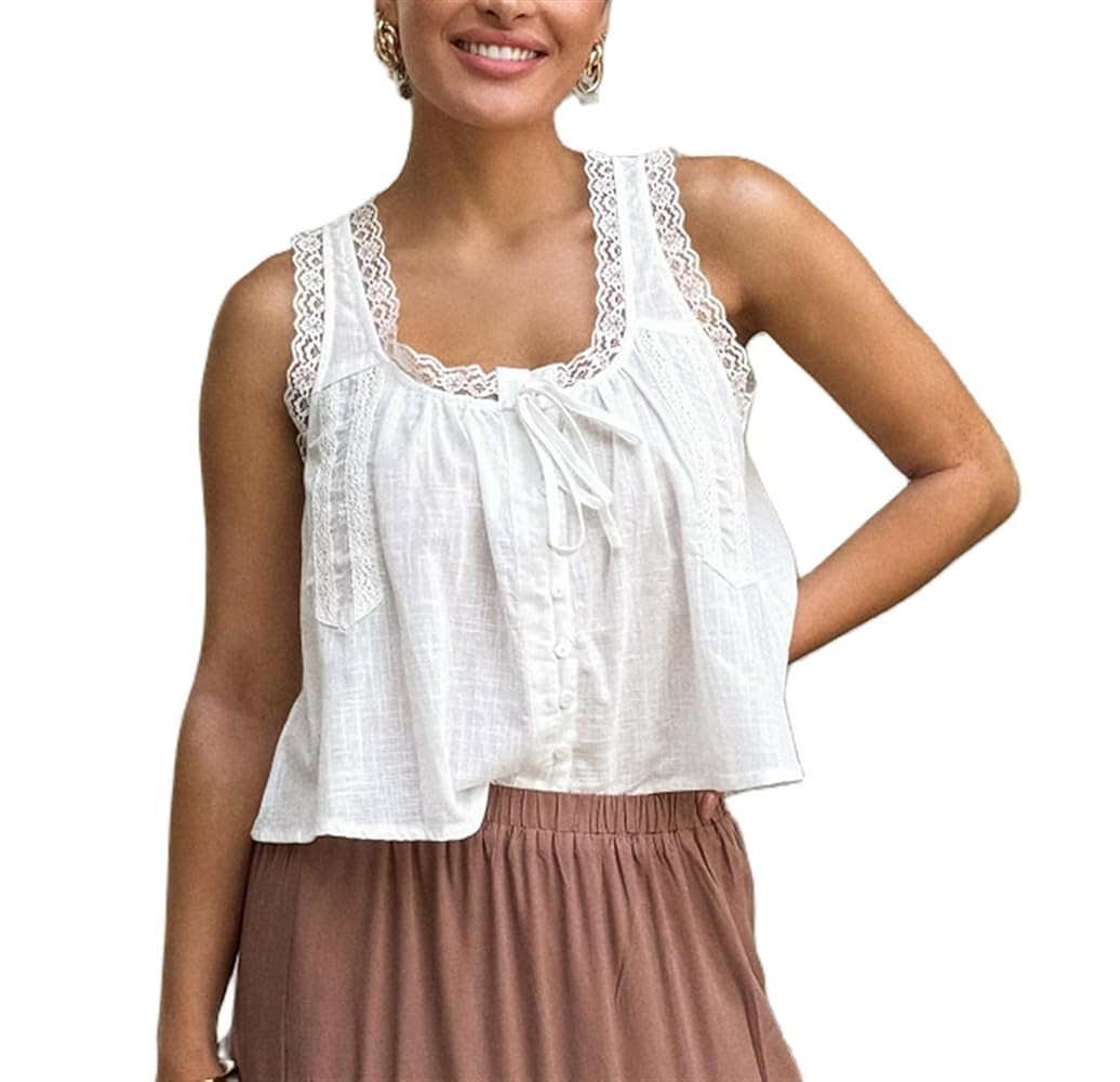 Women Summer Boho Lace Tank Top Vest Tie Front Vacation Beach Cami Tops Sleeveless Button Down Ca... | Amazon (US)
