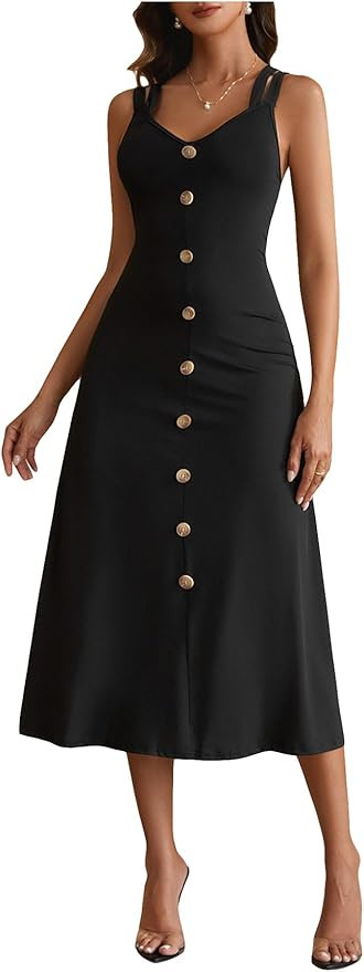 Women's Criss Cross Backless Maxi Dress Elegant Button Front V Neck Sleeveless Dresses | Amazon (US)