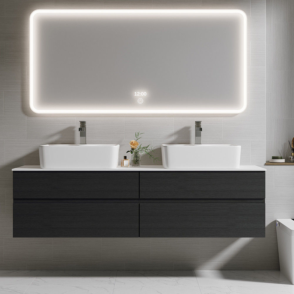 60"" Black Floating Bathroom Vanity Set with Faux Marble Top & Double Ceramic Vessel Sink | Homary