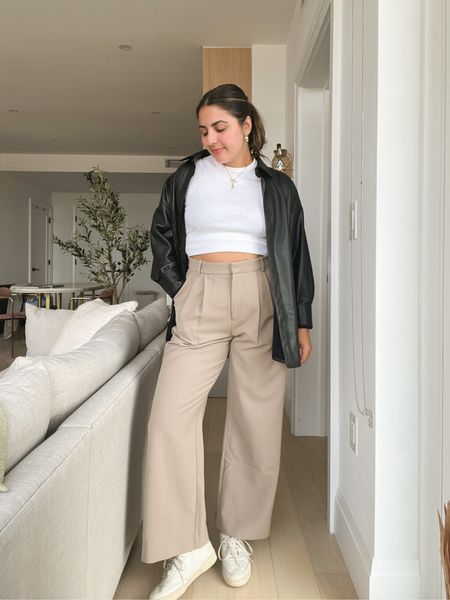 I truly love outfits that make you feel put together with minimal effort, and this is one of them! Wearing Abercrombie head to toe. These tailored pants were a viral hit last year and for great reason. They are so comfortable and are great for work or play. I love them casual, so I paired them with a baby top and a leather button down 😊

Sizing:
Pants - I sized up once to a 30 + these are the short length (im 5’4)
Tee - TTS (M)
Button down - TTS (M)
Sneakers - TTS (7.5)

#LTKSeasonal #LTKfindsunder100 #LTKsalealert