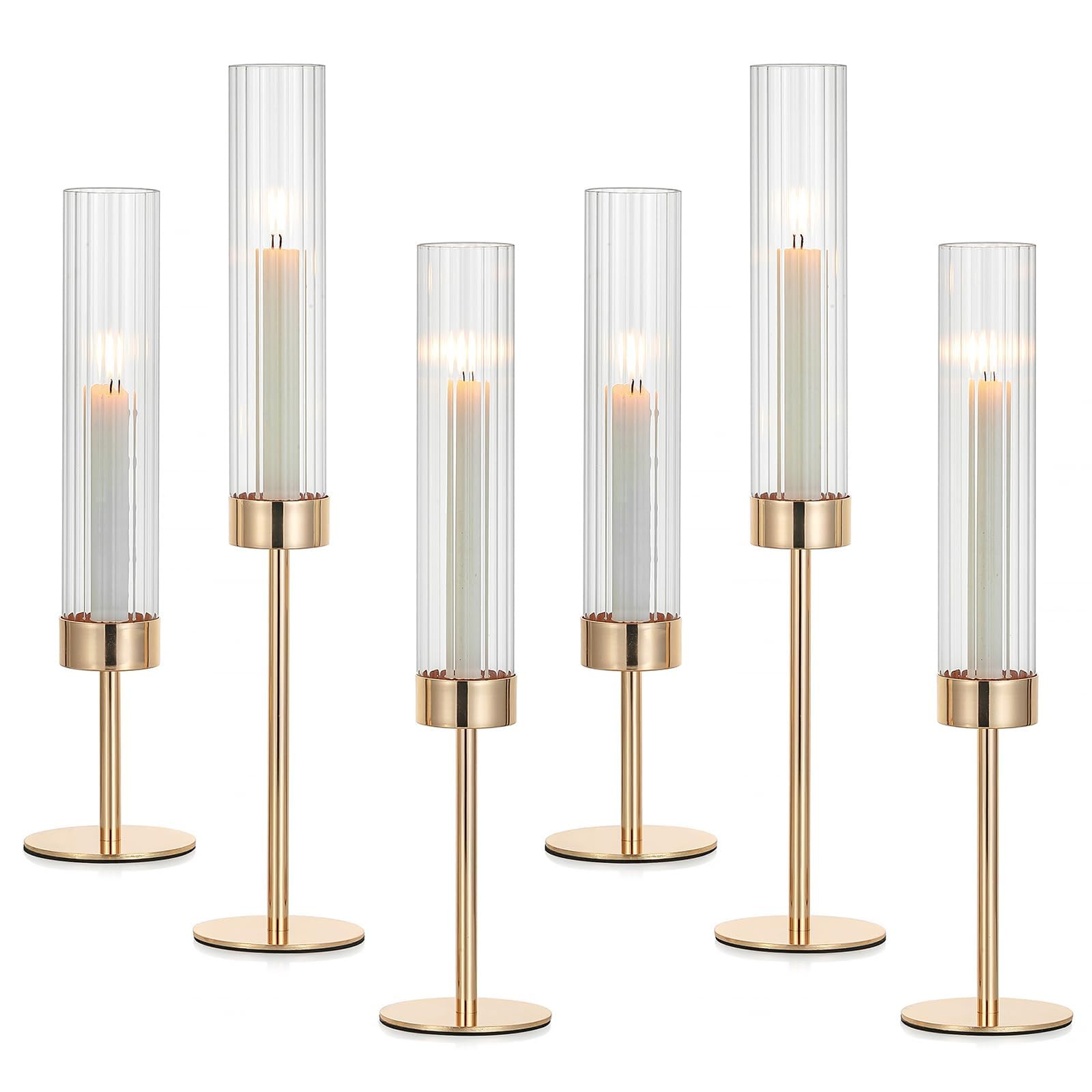 Hewory Gold Taper Candle Holders: Candlestick Holders Set of 6 Hurricane Glass Tall Candle Holder... | Amazon (US)