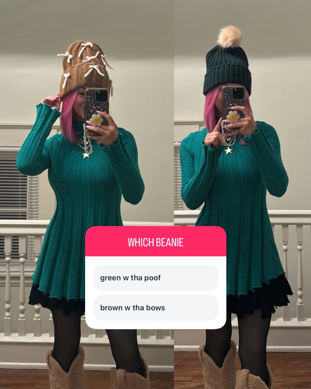 dinner options :)
green beanie was handmade by a friend 🫶🏻
Bow beanie was bought last year 