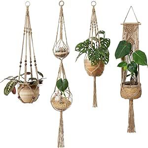 Mkono Macrame Plant Hangers 4 Pcs Indoor Outdoor Hanging Planter Basket Jute Rope Flower Pot Hold... | Amazon (US)