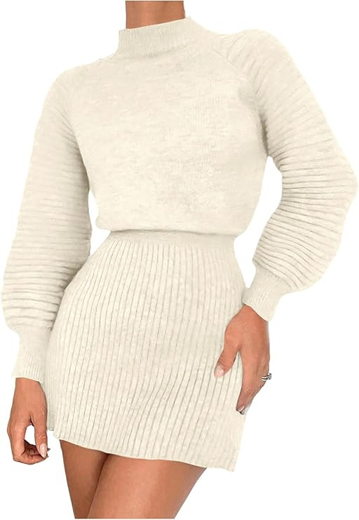 MakeMeChic Women's Long Sleeve Sweater Dress Mock Neck Shirred Office Y2K Mini Dresses | Amazon (US)