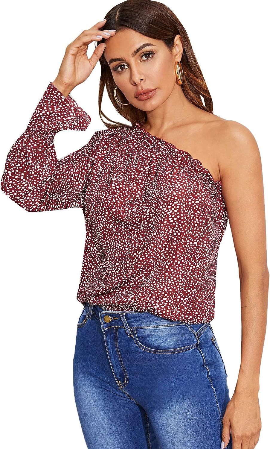 SheIn Women's Ruffle One Shoulder Leopard Print Blouse Frill Long Sleeve Top | Amazon (US)