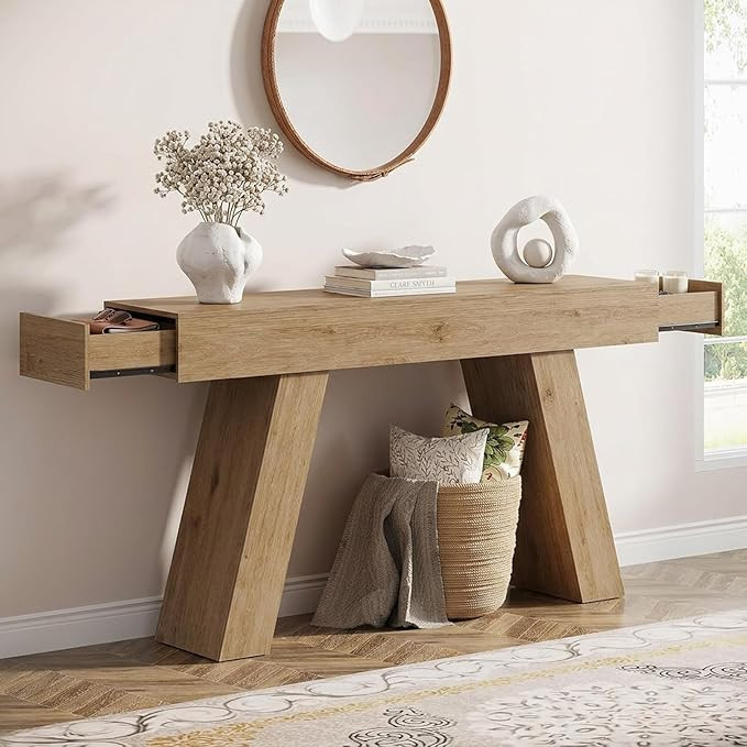 Kikihouse 63-Inch Long Console Table with Storage Drawers, Wood Grain Sofa Table Behind Couch, fo... | Amazon (US)