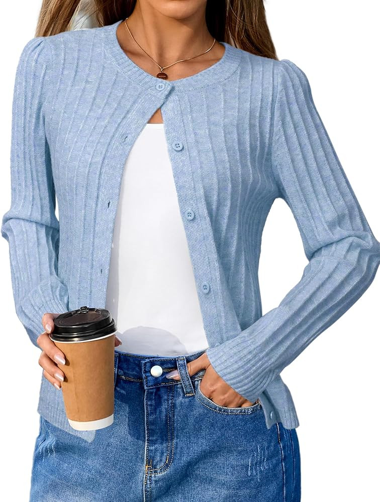 Arach&Cloz Womens Wool Blend Puff Sleeve Fall Cable Knit Cardigan Sweaters 2025 | Amazon (US)