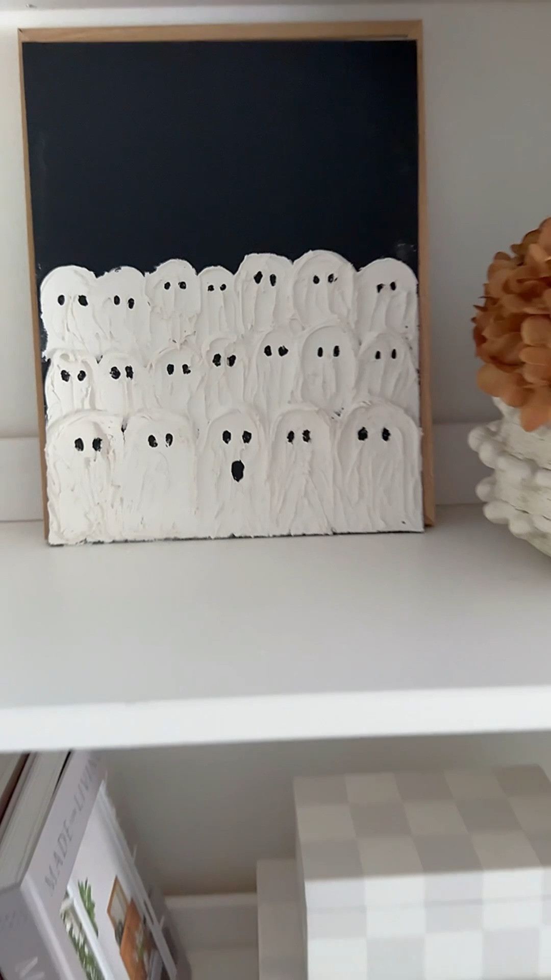DIY ghost art 

I saw the ghost art at Michael’s when they first started bringing out Halloween decor back in July- but knew I could DIY it for a fraction of the price! 

You can customize the size of the art, the ghosts , the color of the background to make it coordinate with your spooky season decor 👻

STEPS:
*I painted a basic canvas with black craft paint. Let dry, then applied  spackle with the back of a plastic spoon to create ghost shapes- working my way from my starting point down. Let spackle dry then add eyes/mouth with black craft paint. 

#LTKSeasonal #LTKFindsUnder50 #LTKHome