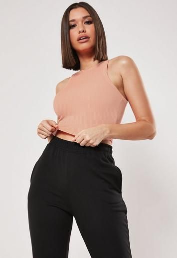 Camel Crinkle Rib Racer Neck Crop Top | Missguided (US & CA)