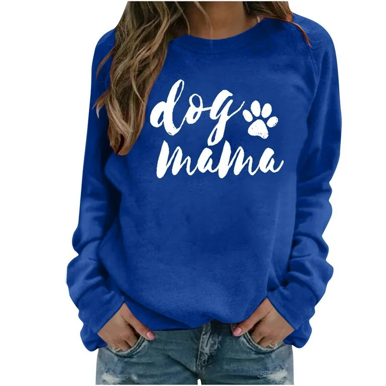 Dog Mama Sweatshirt Fashion Solid Color Long Sleeve Tee Shirts Cute Dog Paw Print Crew Neck Pullo... | Walmart (US)