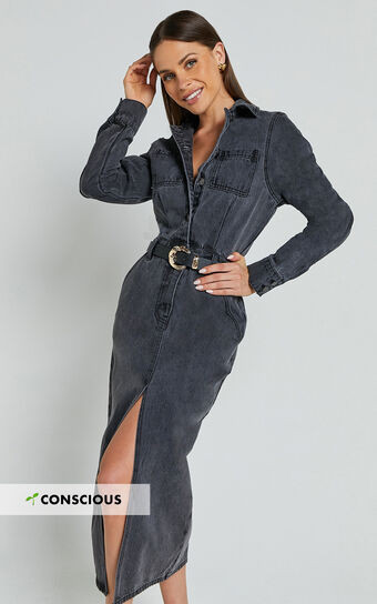 Alison Midi Dress - Long Sleeve Front Split Denim Dress in Washed Black | Showpo (US, UK & Europe)
