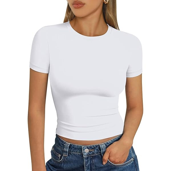 Trendy Queen Womens Basic T Shirts Summer Tops 2026 Crop Short Sleeve Slim Fit Tee Cute Gym Worko... | Amazon (US)