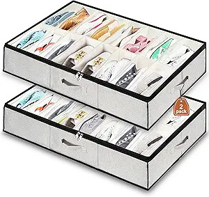 Shoe Storage Organizer Under Bed, 2 Pack Fits 32 Pairs, Extra Large Shoe Container, Breathable Fa... | Amazon (US)