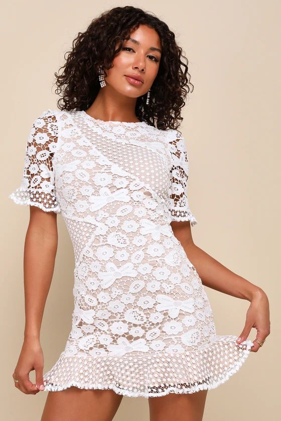 My Dearest White Lace Short Sleeve Mini Dress | Lulus