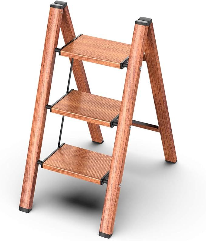 3 Step Ladder Folding Step Stool with Anti-Slip Sturdy and Wide Pedal, Woodgrain, Aluminum Portab... | Amazon (US)